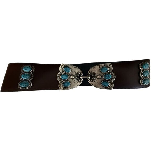 Avignon Women’s Small Synthetic Turquoise Leather Belt Silver Buckle USA Vintage - Picture 1 of 4